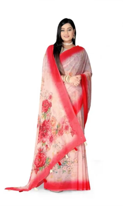 Women's Georgette Floral Printed Saree With Unstitched Blouse 5.5Mtr (Red)