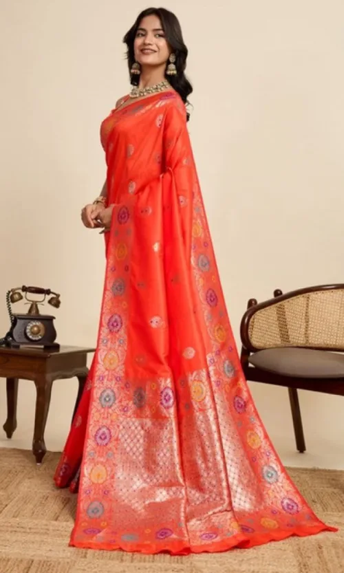 Women's Faux_Banarasi_Silk Woven Saree With Unstitched Blouse 5.5Mtr (Coral)