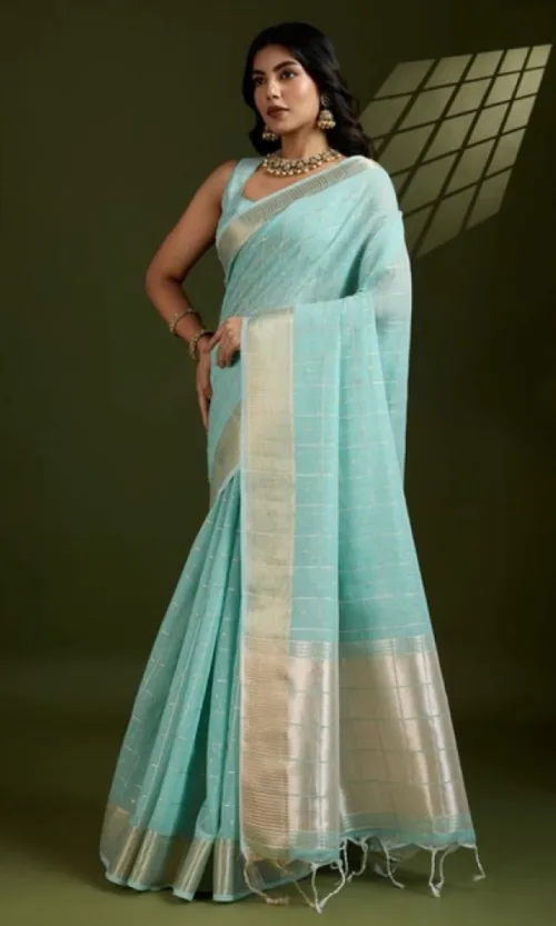 Women's Tissue Checks_With_Buttis Saree With Unstitched Blouse 5.5Mtr (Aqua_Blue)