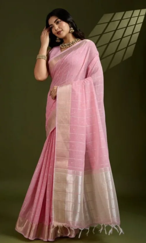 Women's Tissue Checks_With_Buttis Saree With Unstitched Blouse 5.5Mtr (Light_Pink)