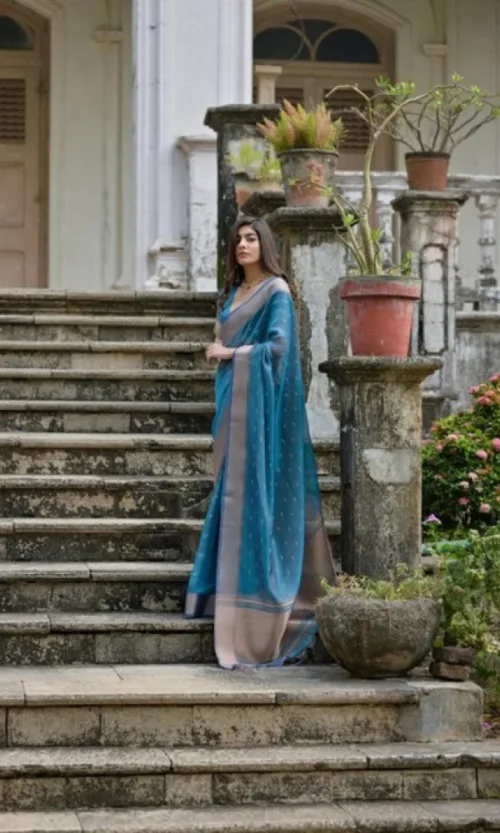 Women's Silk_Blend Butti Pattern Saree With Unstitched Blouse 5.5Mtr (Teal)