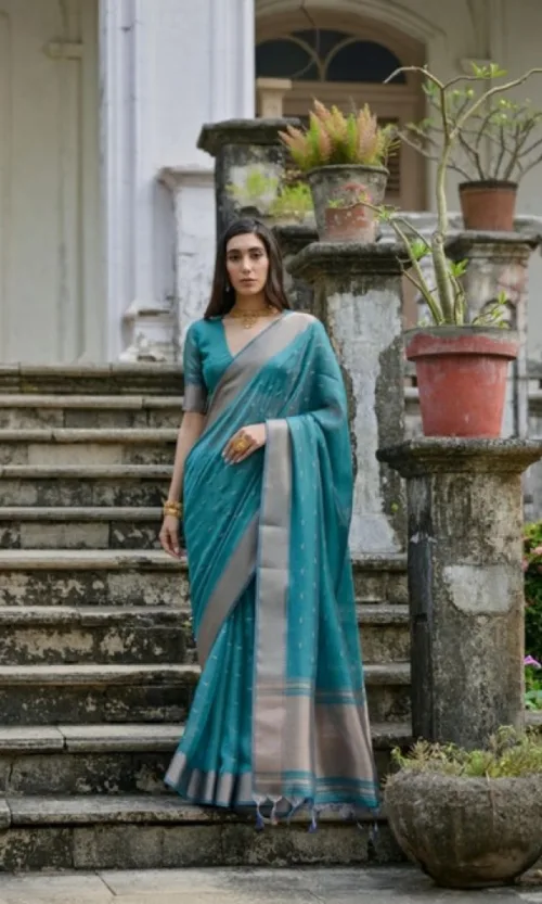 Women's Silk_Blend Butti Pattern Saree With Unstitched Blouse 5.5Mtr (Teal)