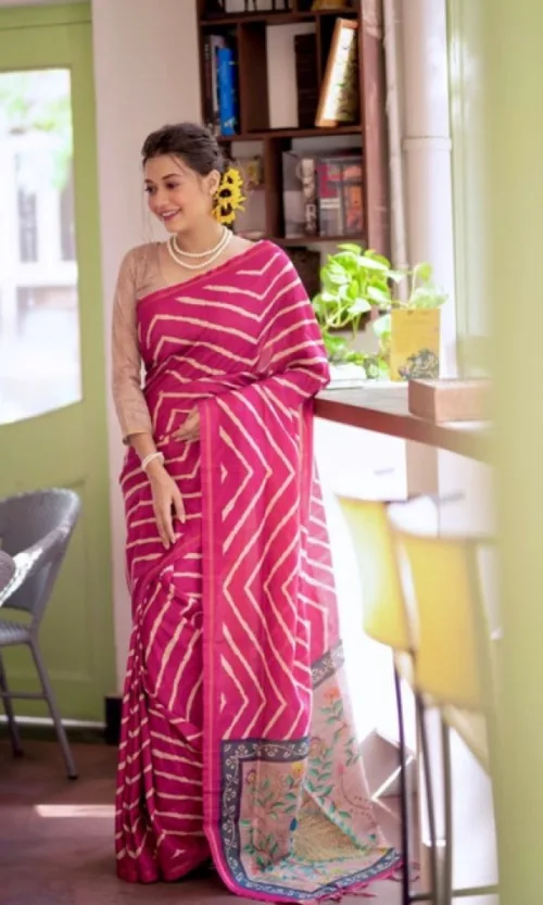 Women's Faux_Tussar_Silk Geometric_Print Saree With Unstitched Blouse 5.5Mtr (Light_Pink)