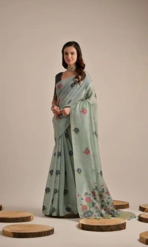 Women's Blended_Cotton Floral Motifs And Woven Buttas Saree With Unstitched Blouse 5.5Mtr (Teal)