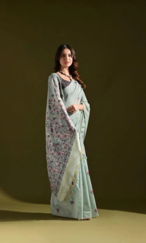 Women's Blended_Cotton Floral Saree With Unstitched Blouse 5.5Mtr (Aqua_Blue)
