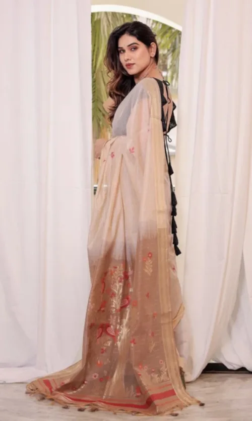 Women's Blended_Cotton Woven_Motifs Saree With Unstitched Blouse 5.5Mtr (Light_Beige)