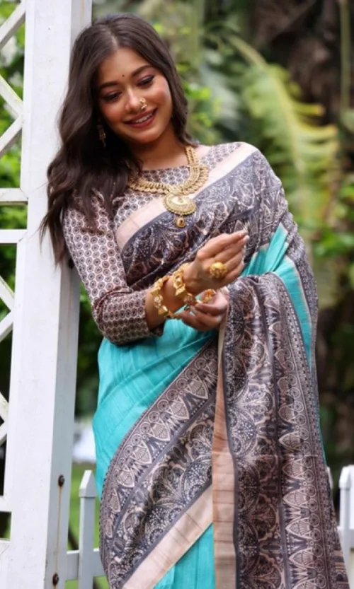 Women's Faux_Tussar Ethnic_Print Saree With Unstitched Blouse 5.5Mtr (Aqua_Blue)