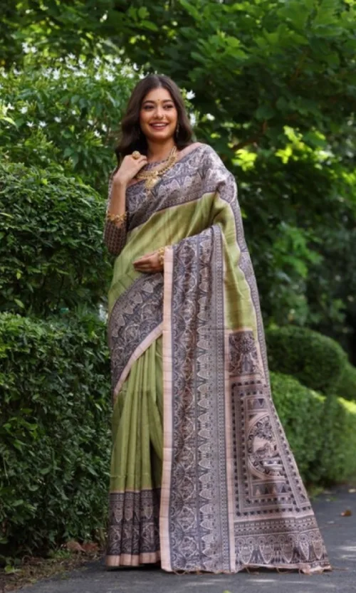 Women's Faux_Tussar Ethnic_Print Saree With Unstitched Blouse 5.5Mtr (Olive)