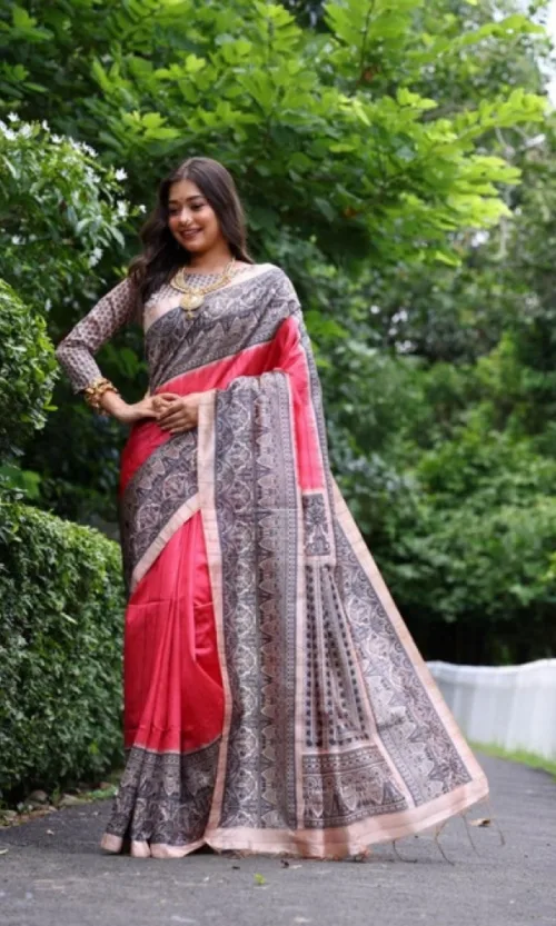 Women's Faux_Tussar Ethnic_Print Saree With Unstitched Blouse 5.5Mtr (Red)