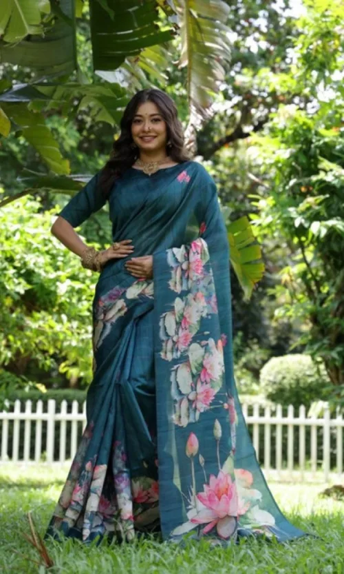 Women's Faux_Tussar Floral Saree With Unstitched Blouse 5.5Mtr (Teal)