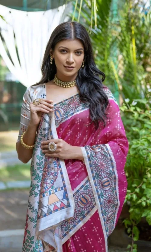 Women's Faux_Tussar Geometric_Print Saree With Unstitched Blouse 5.5Mtr (Pink)