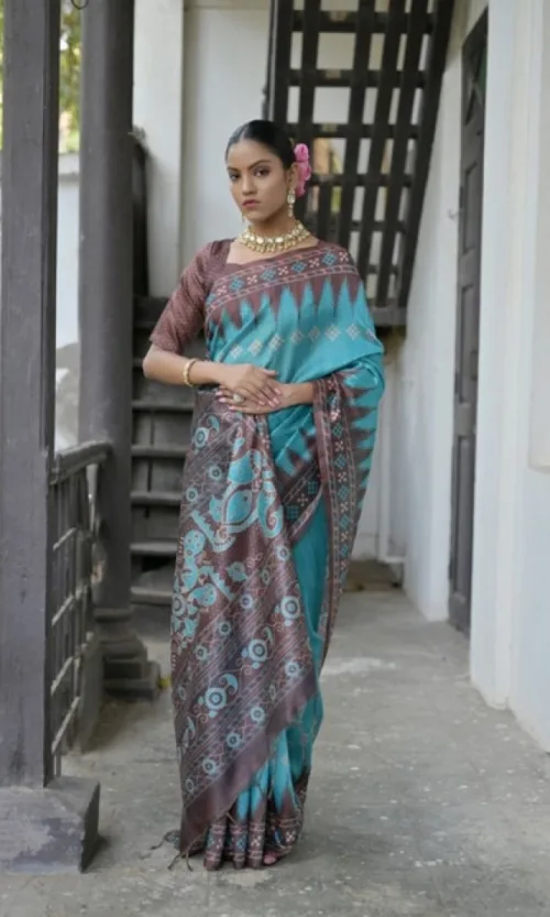 Women's Faux_Tussar Ikat Saree With Unstitched Blouse 5.5Mtr (Aqua_Blue)