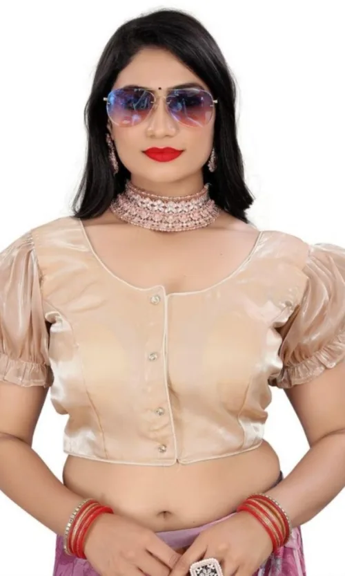 Women's Jimmy Solid Designer Neck Elastic Sleeve Readymade Blouse (Beige 38 , Alterable up to 42)-PID65826