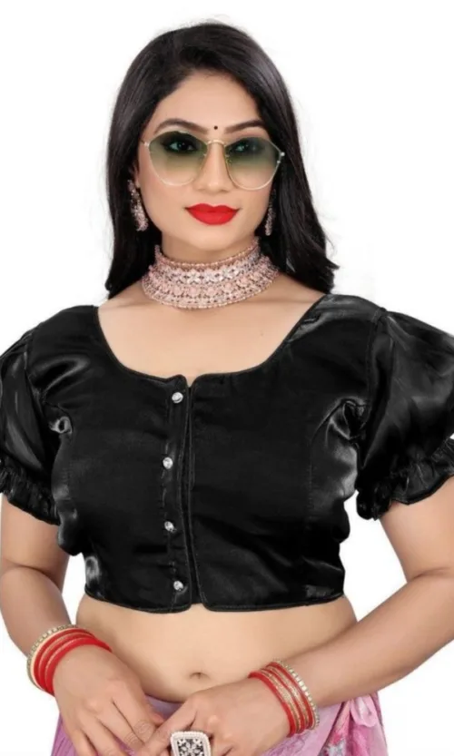 Women's Jimmy Solid Designer Neck Elastic Sleeve Readymade Blouse (Black 38 , Alterable up to 42)-PID65827