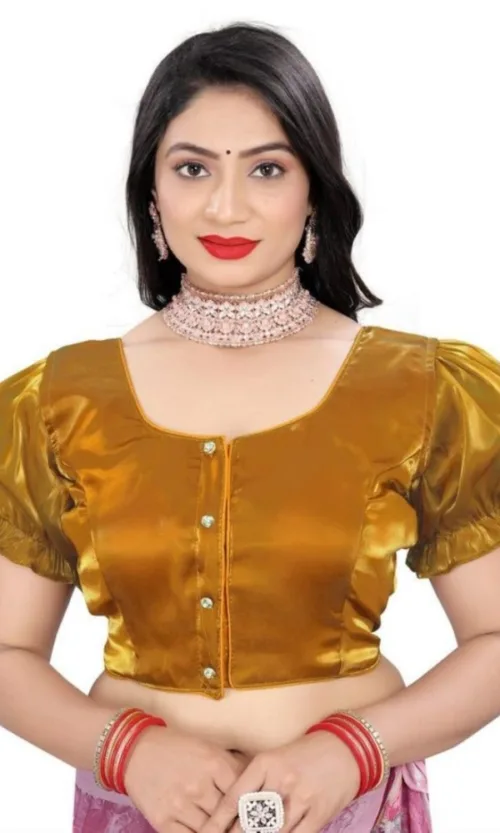 Women's Jimmy Solid Designer Neck Elastic Sleeve Readymade Blouse (Gold 38 , Alterable up to 42)-PID65828