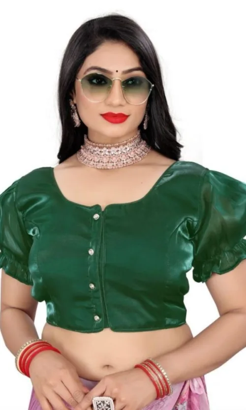 Women's Jimmy Solid Designer Neck Elastic Sleeve Readymade Blouse (Green 38 , Alterable up to 42)-PID65829