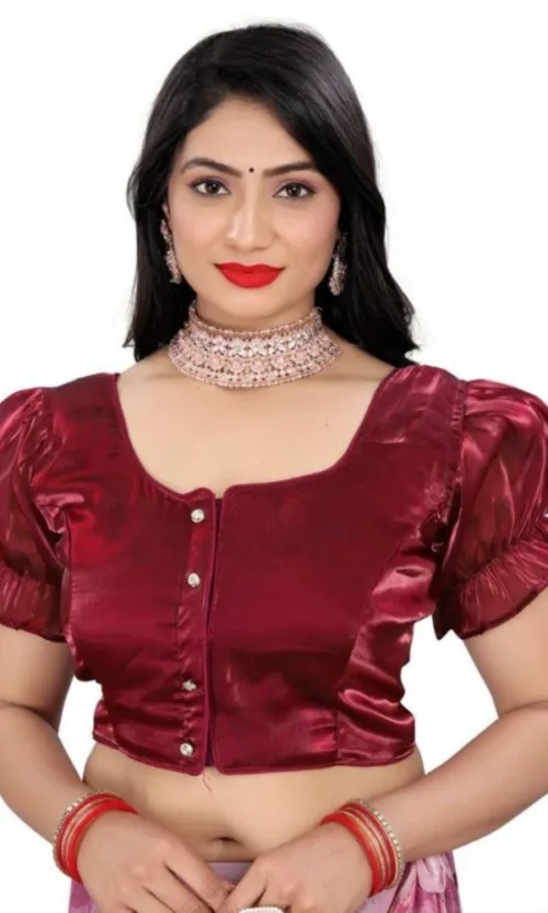 Women's Jimmy Solid Designer Neck Elastic Sleeve Readymade Blouse (Maroon 38 , Alterable up to 42)-PID65831