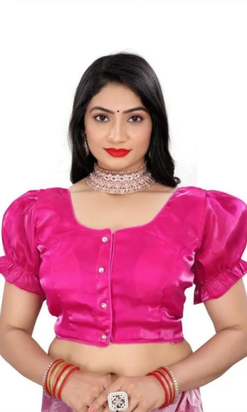 Women's Jimmy Solid Designer Neck Elastic Sleeve Readymade Blouse (Pink 38 , Alterable up to 42)-PID65832