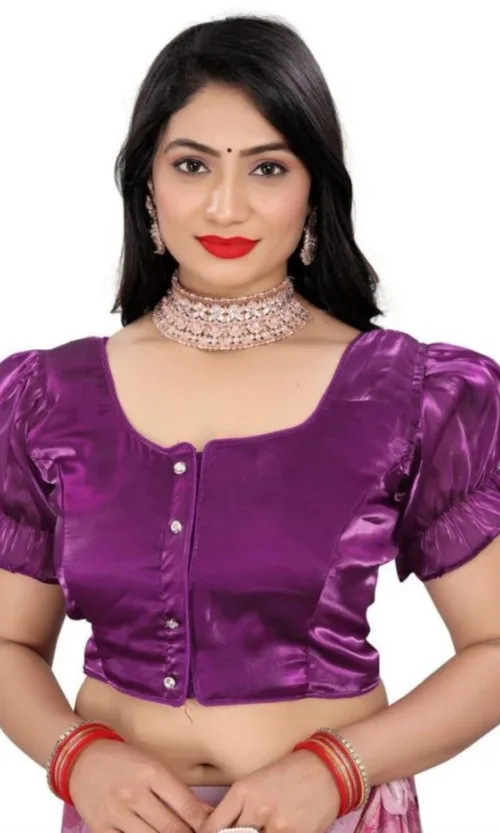 Women's Jimmy Solid Designer Neck Elastic Sleeve Readymade Blouse (Purple 38 , Alterable up to 42)-PID65833