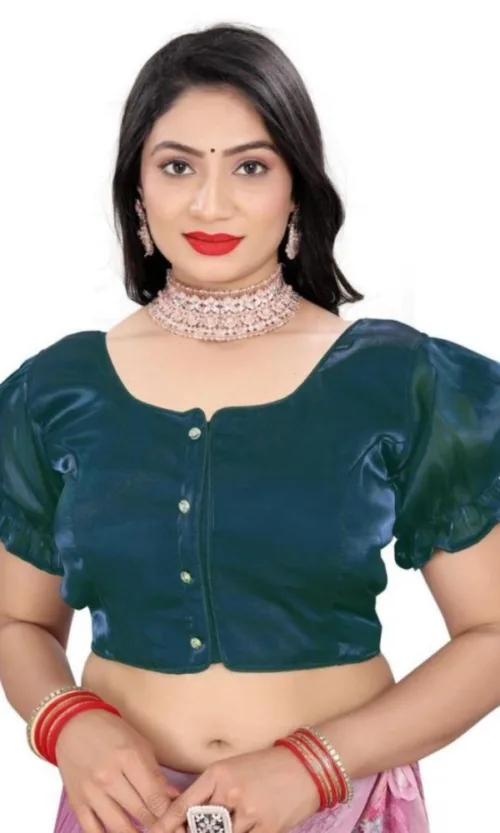 Women's Jimmy Solid Designer Neck Elastic Sleeve Readymade Blouse (Teal 38 , Alterable up to 42)-PID65835
