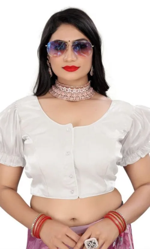Women's Jimmy Solid Designer Neck Elastic Sleeve Readymade Blouse (White 38 , Alterable up to 42)-PID65836