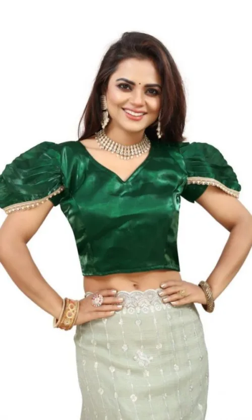 Women's Jimmy Solid V Neck Puff Sleeve Readymade Blouse (Green 38 , Alterable up to 42)-PID65839