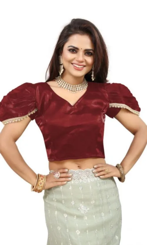 Women's Jimmy Solid V Neck Puff Sleeve Readymade Blouse (Maroon 38 , Alterable up to 42)-PID65840