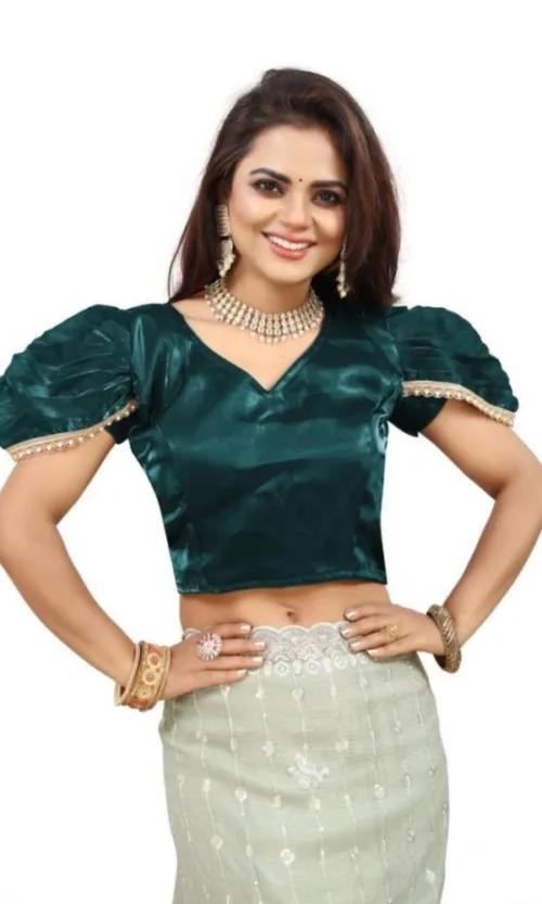 Women's Jimmy Solid V Neck Puff Sleeve Readymade Blouse (Teal 38 , Alterable up to 42)-PID65845