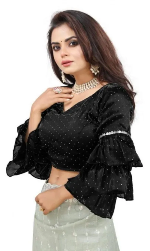Women's Organza Solid V Neck Layered Ruffle Sleeve Readymade Blouse (Black Free Size , up to 38–40 Bust)-PID65848