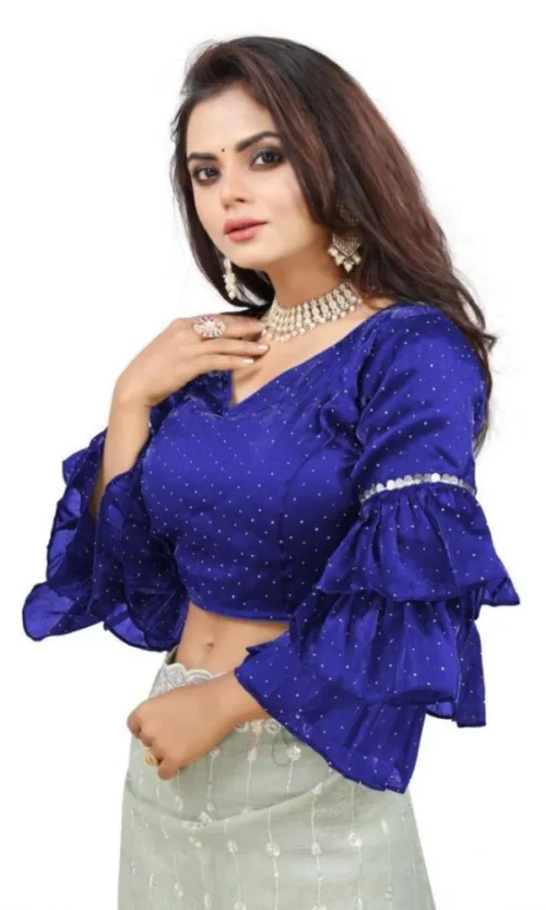 Women's Organza Solid V Neck Layered Ruffle Sleeve Readymade Blouse (Blue Free Size , up to 38–40 Bust)-PID65849