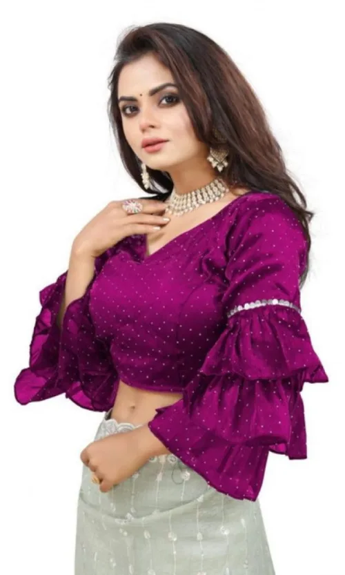 Women's Organza Solid V Neck Layered Ruffle Sleeve Readymade Blouse (Magenta Free Size , up to 38–40 Bust)-PID65853