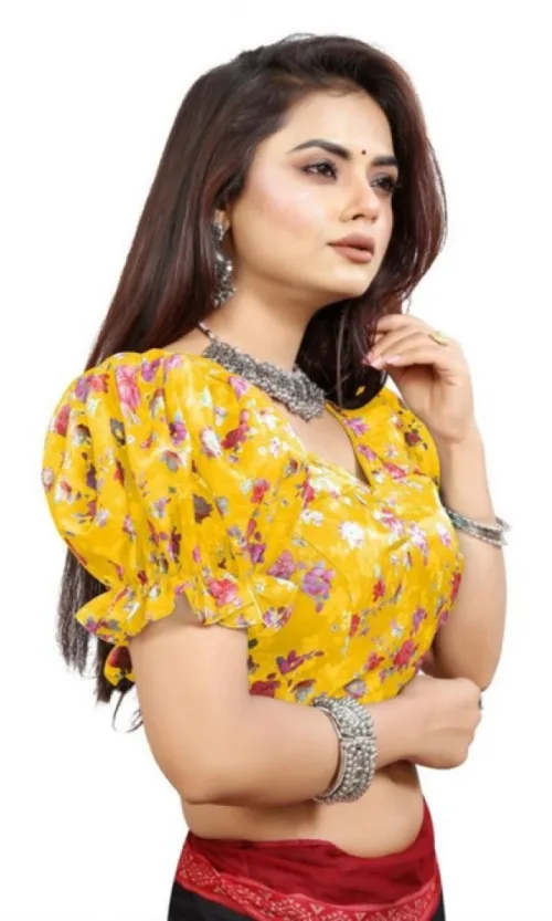 Women's Organza Printed V Neck Puff Sleeve Readymade Blouse (Mustard 38 , Alterable up to 42)-PID65867