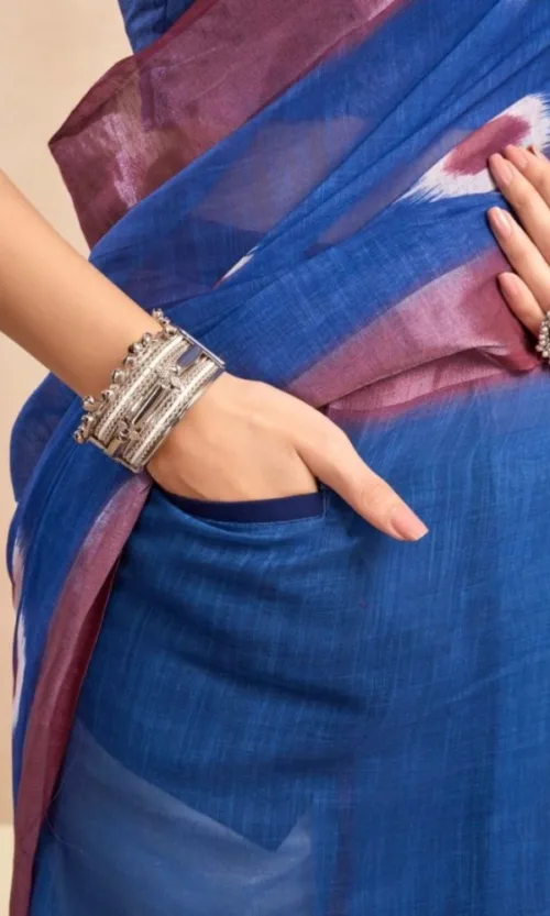 Women's Faux Linen Printed Ready to wear Saree With Unstitched Blouse 5.5Mtr (Blue)