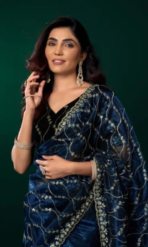 Women's Net Sequence Saree With Unstitched Blouse 5.5Mtr (Blue)