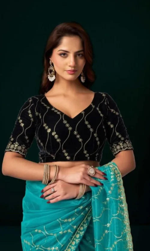 Women's Net Sequence Saree With Unstitched Blouse 5.5Mtr (Turquoise)
