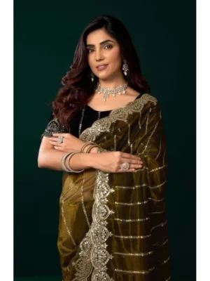 Women's Net Sequence Saree With Unstitched Blouse 5.5Mtr (Olive)