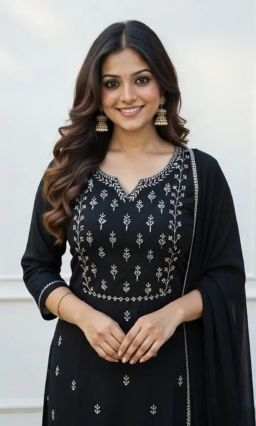 Women's Georgette Ethnic Motif Round 3/4th Sleeve Kurti With Pant Dupatta Set (Black)