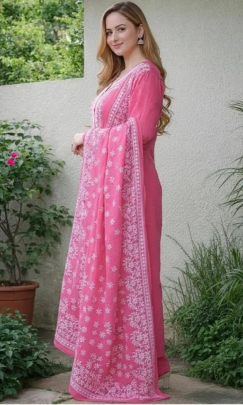 Women's Chanderi Silk Ethnic Motif Round 3/4th Sleeve Kurti With Pant Dupatta Set (Pink)