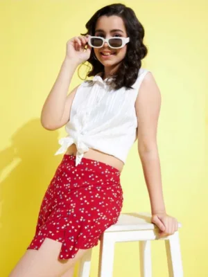 Girl's Polyester Lurex Printed Sleeveless Skorts Set (White-Red)