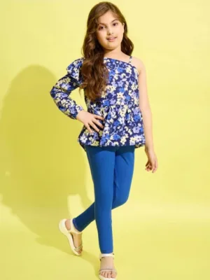 Girl's Polyester Floral One Shoulder Jeggings Set (Blue)