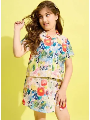 Girl's Polyester Cotton Blend Pattern-Floral Short Sleeves Skorts Set (Multicolor)