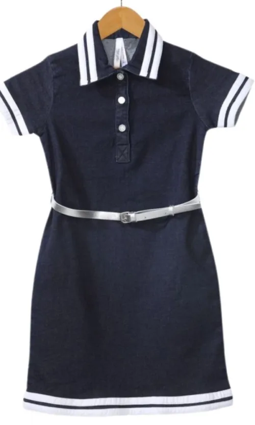 Girl's Denim Lycra Ribbed Elasticated Dress with Belt (Navy Blue-White)