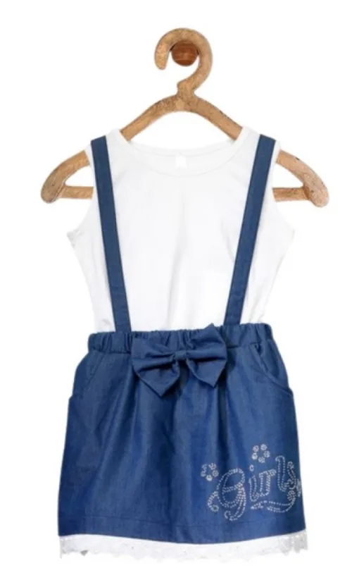 Girl's Denim Embellished Sleeveless Skirt with inner (Dark Blue)
