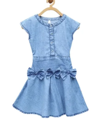Girl's Denim Embellished Cap Sleeve bow Dress (Light Blue)