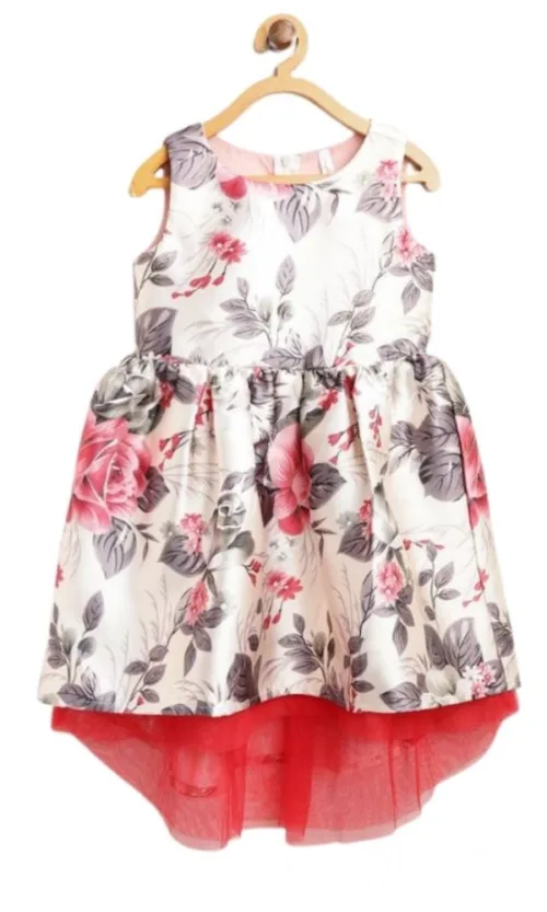 Girl's Polyester & Net Inset Sleeveless Dress with Net Inset (Off White)