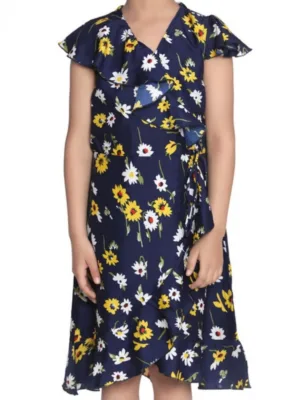 Girl's Polyester Crepe Polka Cold Shoulder Dress (Navy Blue)