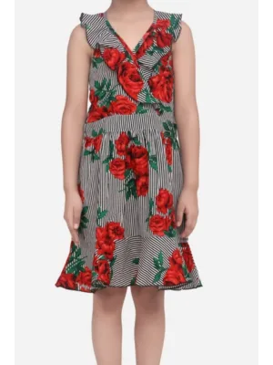 Girl's Polyester Crepe Floral Shoulder Straps Dress (Red)