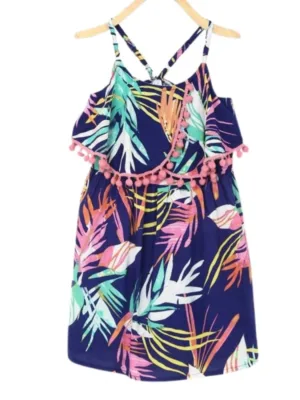 Girl's Rayon Printed Shoulder Straps Dress (Navy Blue)