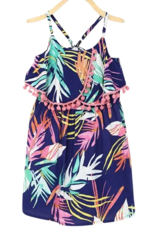 Girl's Rayon Printed Shoulder Straps Dress (Navy Blue)