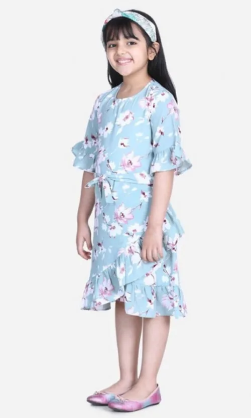 Girl's Polyester Crepe Floral Bell Sleeve Dress (Turquoise Blue)